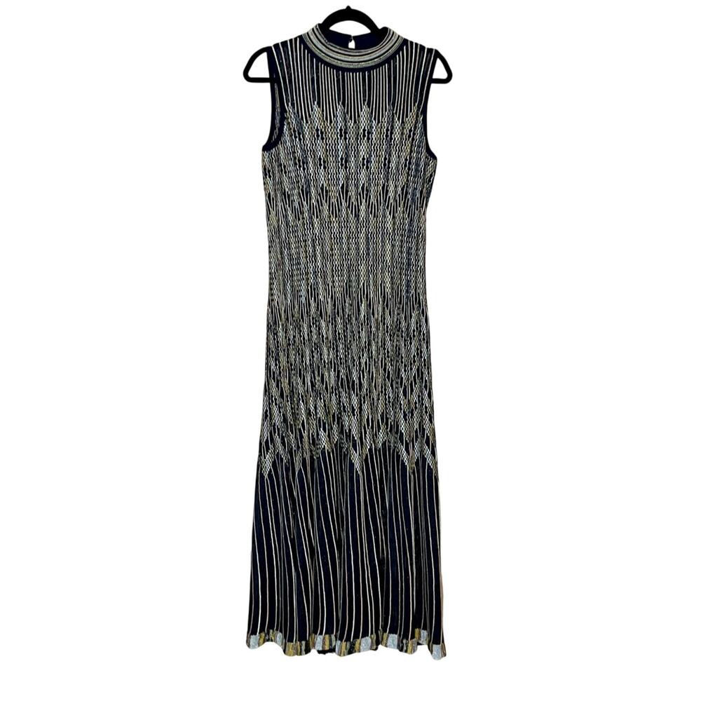 D. EXTERIOR Black & Gold Knit Maxi Dress Sz M Italian Luxury Semi-Sheer Gown